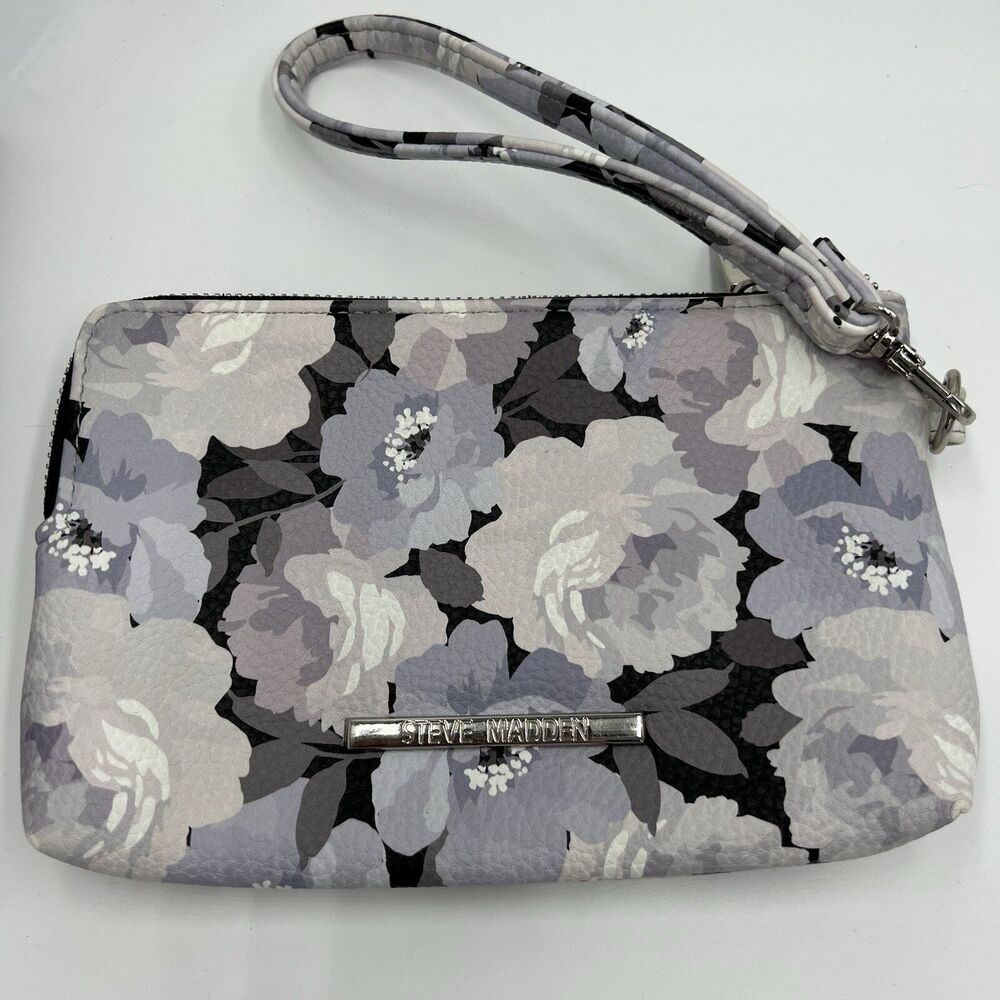 Steve Madden Floral Black & Gray Clutch Wristlet Wallet 2 Zip Pockets